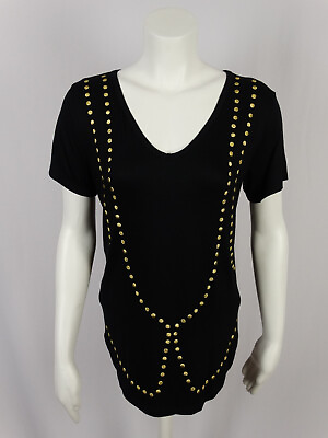 #ad Women#x27;s Vocal Beautiful Black v Neck Short Sleeve Gold Outline Vest Shirt Top $27.96