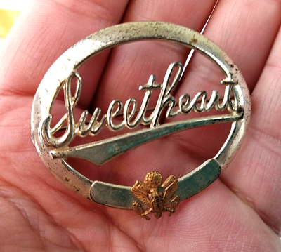 #ad Vintage Original WWII US Military Silvertone Oval SWEETHEART US Seal Brooch Pin $12.50