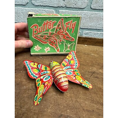 #ad 1950#x27;S VTG BUTTERFLY IN BOX LITHO TIN FRICTION TOY ON WHEELS ALPS JAPAN INSECT $44.99