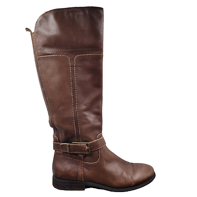 #ad Marc Fisher Knee High Boots Women#x27;s 7.5M Brown Leather Riding Tall Zip Buckle $24.99