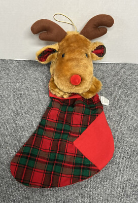 #ad Rudy Reindeer Plush 3D Christmas 17quot; Stocking Holiday Plaid Red Green $11.99