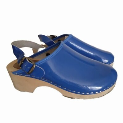 #ad Cape Clogs Blue Wooden Leather Girls Heel Strap Size EU 34 US 3 Made In Sweden $29.95