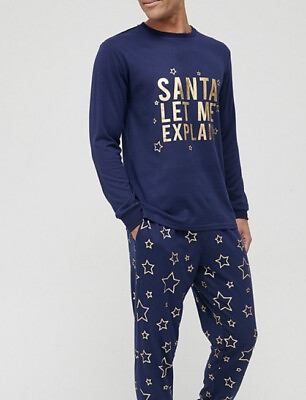 V By Very Mens Foil Star Christmas Pyjamas Set Slogan Navy Blue Gold Size Medium GBP 22.99