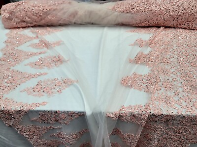 Blush Lace Fabric Corded Flower Embroidered With Sequins On Mesh Fabric By Yard $39.99