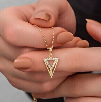 #ad 2Ct Round Cut Lab Created Diamond Women Triangle Pendant 14K Yellow Gold Plated $89.99