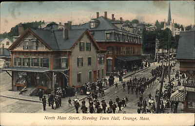 #ad Orange MA Town Hall North Main St. Parade c1910 Postcard $9.89