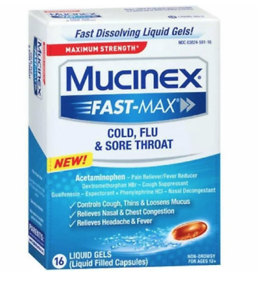 Mucinex Fast Max Max Strength Cold Flu amp; Sore Throat 16 Liquid Gels Exp: 7 24 #ad $9.99