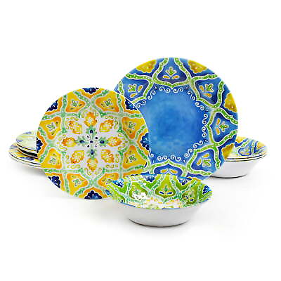 #ad 12 Piece Melamine Dinnerware Set Plates and Bowls Sets Tableware Service for 4 $28.41