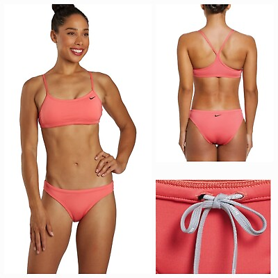 Nike Women#x27;s Essential 2 Piece Racerback Swimsuit Bikini Set in Coral Size M NEW $46.99