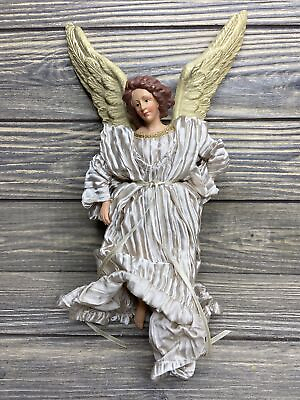 #ad Vtg Christmas Ornament Plastic Angel Brown Fabric Dress Plastic Wings 11” $53.99
