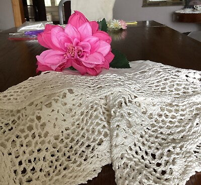 #ad Sweet Vintage White Table Topper Tablecloth with Crochet Lace 34x33 $16.00