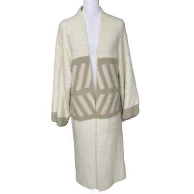 #ad Anthropologie Women Geometric Cardigan Sweater Taupe Long Fuzzy Kimono Ivory O S $59.99