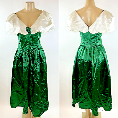 #ad 1980s Prom Dress Vintage Green White Satin Midi Low Back Formal Glam Princess $37.99