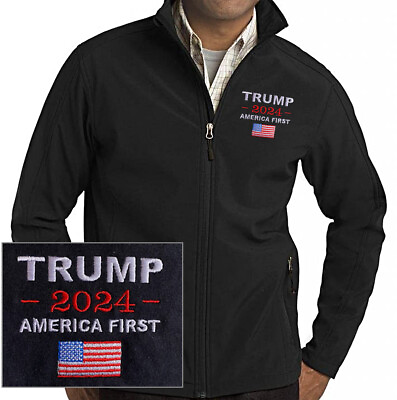 #ad TRUMP 2024 AMERICA FIRST EMBROIDERED BLACK SOFT SHELL JACKET NICE 2024 FLAG $45.99