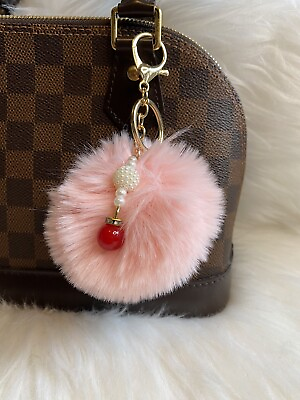 #ad Pom Pom Keyring bag charm Keychain Purse Accessories Fluffy Peach Pink New $10.99