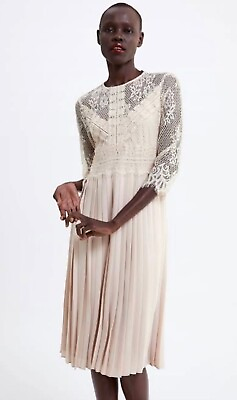 Zara Womens Cream Blush Lace Overlay Pleated Midi Dress Special occasion Medium $44.99