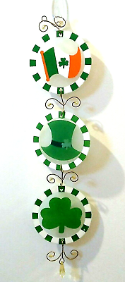 #ad Irish 3pc Wall Hanging Glass Flag Hat Shamrock Plastic Accents Decor $15.30