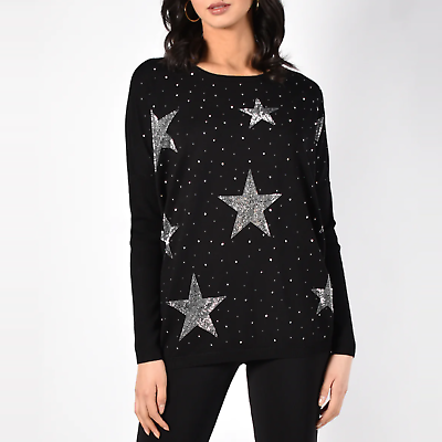 #ad FRANK LYMAN S Black Silver Star Embellishments Long Sleeve Knit Tee Top NWOT $100.80