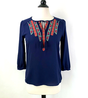 #ad Red Camel Embroidered Peasant Top XS X SMALL Navy 3 4 Sleeve Split Neck Blouse $8.95