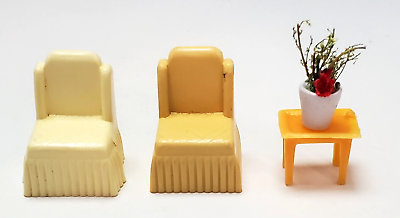 #ad Dollhouse Furniture Plastic Vintage Yellow Chairs And Table With Flowers $5.99