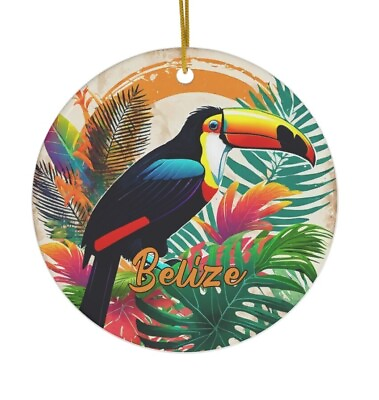 #ad Belize Ornament Vacation Gift Round Ceramic Tropical Forest Toucan Bauble $20.00