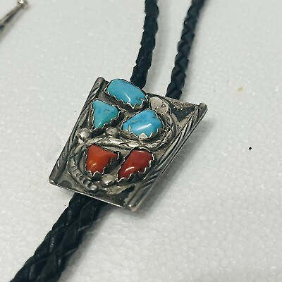 #ad Native American Turquoise Coral Silver Snake Signed Bamp;N 18 In. Bolo Tie ￼￼ $200.00