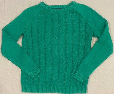 Lands’ End Womens Drifter Sweater Pullover M 8 10 Green Cable Knit 100% Cotton $21.00