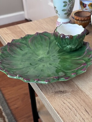 #ad TG Italian Ceramic Green Lily Pad Serving Dish with attached Dip Bowl $35.00