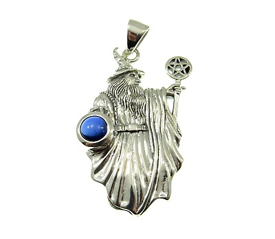 Solid 925 Sterling Silver Wizard with Pentacle Pentagram Pendant w Gemstone #ad $45.67