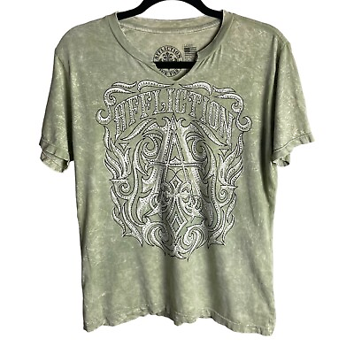#ad Affliction Womens Size Large Tee Shirt Rhinestones Green Splatter Y2K Grunge $19.99