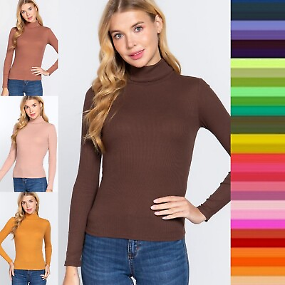 #ad Women#x27;s Ribbed Turtle Neck Long Sleeve Top Soft Lightweight Basic Fitted Shirt $9.45