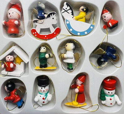 Vintage Lot of 12 Classic Mini Wooden Xmas Tree Ornaments Hand Painted Holiday #ad $9.79
