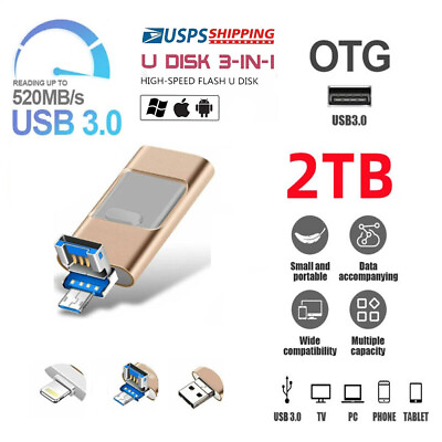 2TB USB 3.0 Flash Drive Memory Photo Stick for iPhone Android iPad Type C 3 IN1 $13.00