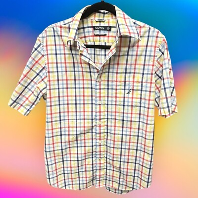 #ad NAUTICA Men’s Short Sleeve Wrinkle Resistant Button Down Shirt Stripe Plaid Sz M $9.86