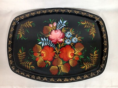 Vintage Russian Hand Painted Flower Metal Tole Tray Art Deco 15quot; $47.00