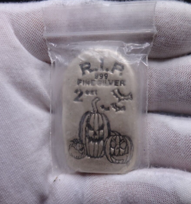 #ad 2018 Glow In The Dark .999 Silver Halloween Hand Poured 2 oz Tombstone Bar #36 $115.00