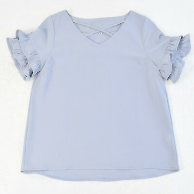 #ad Ruffle Flutter Sleeve Crisscross Neck Tiered Frill Shirt Blouse Top Gray S M $3.00