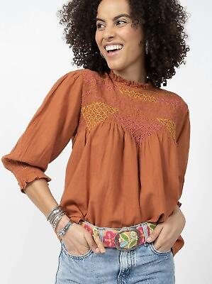 #ad Ivy Jane Smocked Triangles Embroidered Blouse Rust Perfect for Fall NEW $39.00