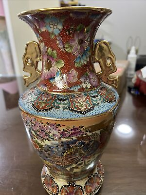 #ad Antique Japanese Satsuma Moriage Hand Painted Earthenware Vase Peacock 12” $195.00