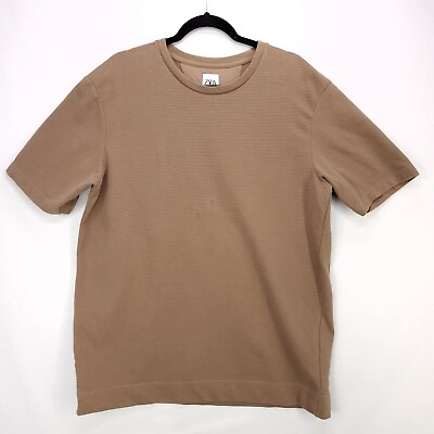 #ad Zara Mens Tshirt Ribbed Stretch Size XL Short Sleeve Crew Neck Brown $12.75