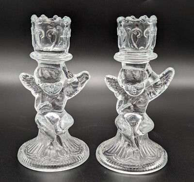 Set of Two Angel Cherub Glass Candle Stick Holders Vintage Christmas Holiday $26.24