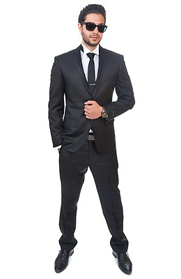 Slim Fit 2 Button Notch Lapel Satin Collar Trim Black Fashion Suit By AZAR MAN $59.99