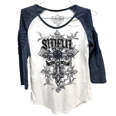 #ad Sinful by Affliction Womens White Polyester Blend Small 3 4 Sleeve Shirt F9 $21.99
