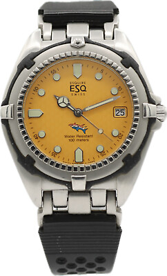 Vintage Esq by Movado Diver Style Men#x27;s Quartz Wristwatch Steel w Yellow Dial $150.00
