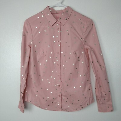 #ad Boden Classic Shirt Women#x27;s 4R Pink Silver Polka Dots Button Front Long Sleeve $18.89