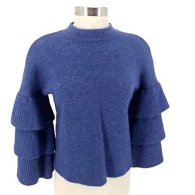 #ad Gianni Bini Sweater Blue Lola Tiered Ruffle 3 4 Sleeve Boxy Knit Pullover Small $20.95