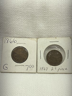 #ad 1866 amp; 1867 Two 2 Cent Piece L4182 $44.95