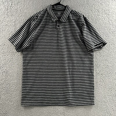 #ad Oakley Mens Shirt Gray Black Size XL Polo Short Sleeve Striped Cotton Blend $18.79