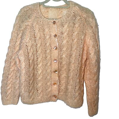 Vintage Womens Sweater Size Medium Handknit Mohair Wool Blend Cardigan Peach #ad $61.99