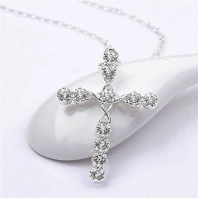 Women#x27;s Silver Plated Cubic CZ Crystal Cross Pendant Necklace Lab Created $3.88